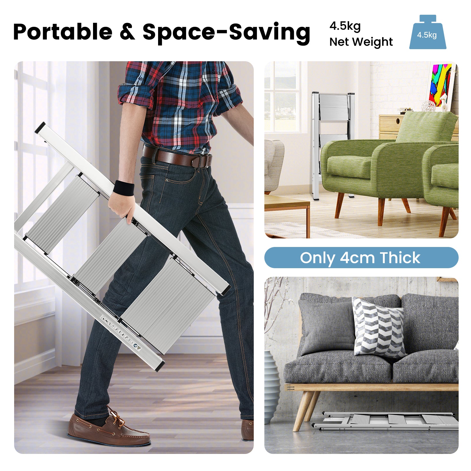 3 Step Folding Ladder with Wide Anti-Slip Pedal-Silver