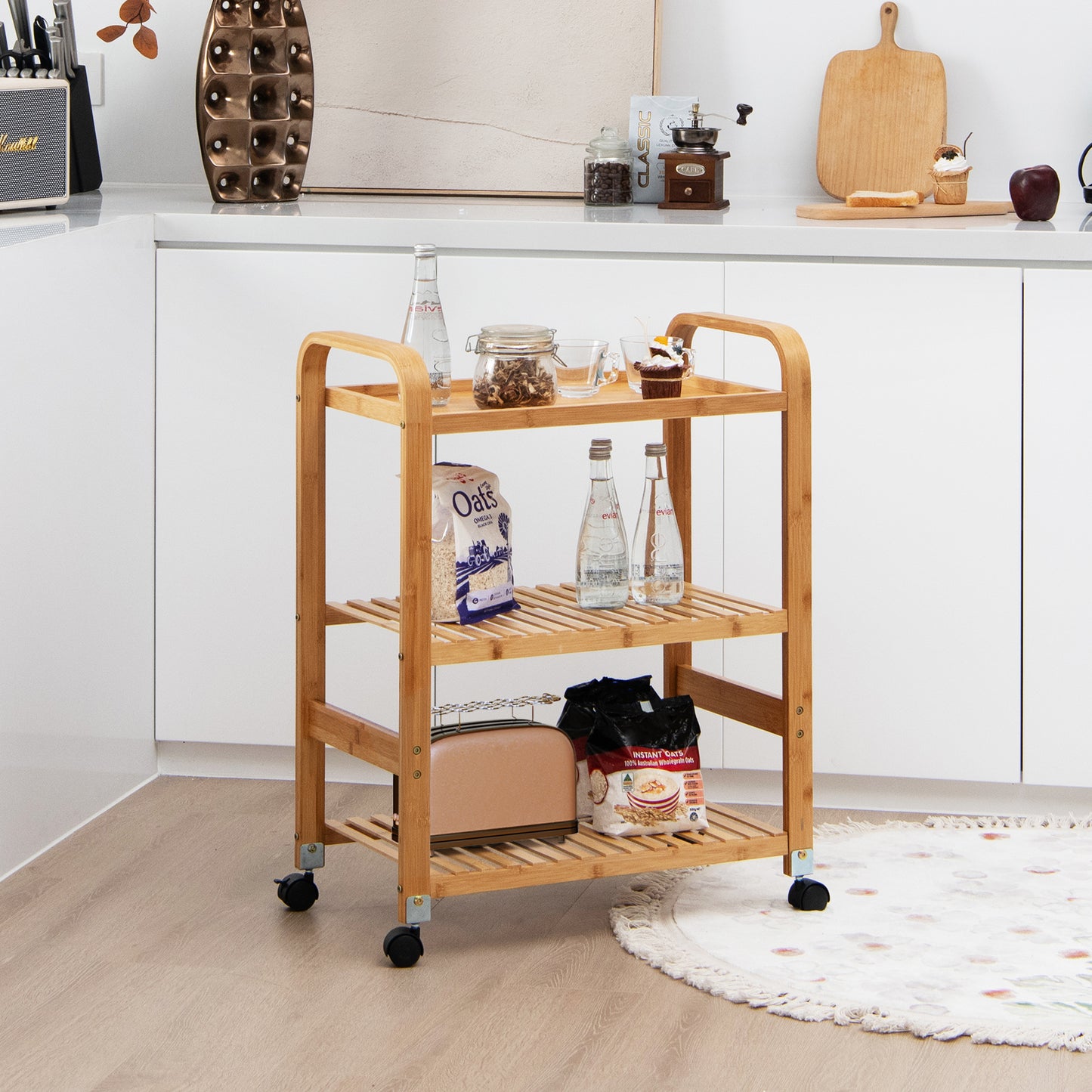 3-Tier Bamboo Rolling Storage Cart with Locking Casters-Natural