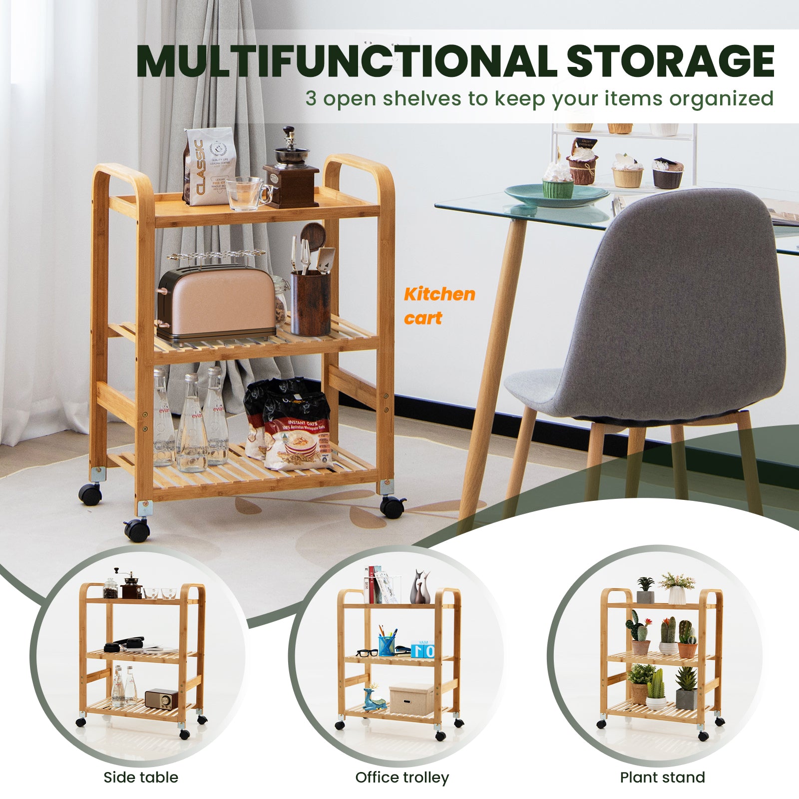 3-Tier Bamboo Rolling Storage Cart with Locking Casters-Natural