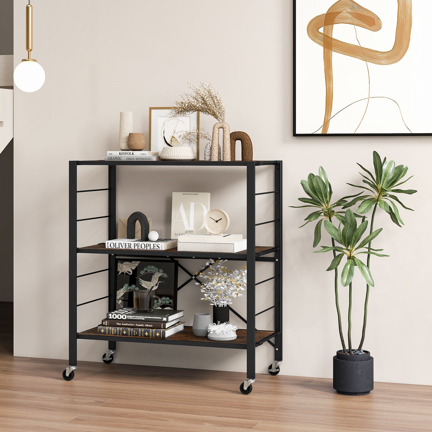 3-Tier Foldable Shelving Unit with Detachable Wheels Height-Adjustable Shelves-Black