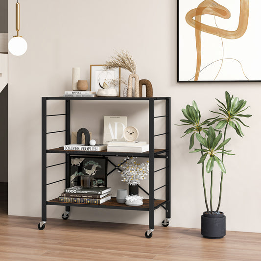 3-Tier Foldable Shelving Unit with Detachable Wheels Height-Adjustable Shelves-Black