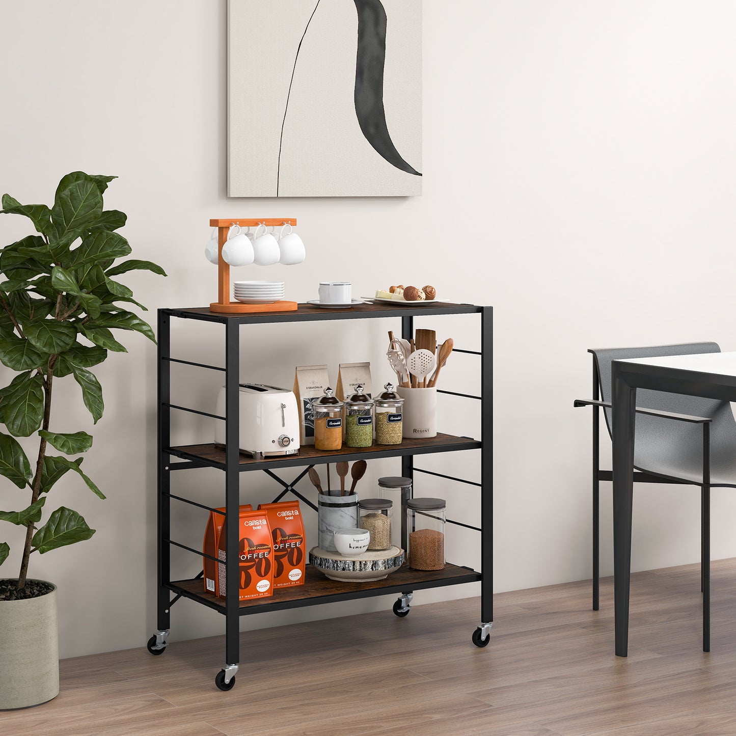 3-Tier Foldable Shelving Unit with Detachable Wheels Height-Adjustable Shelves-Black