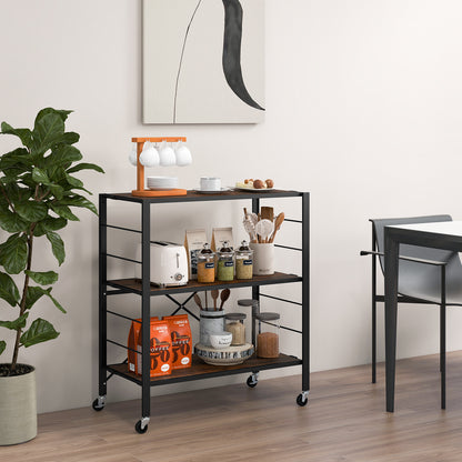 3-Tier Foldable Shelving Unit with Detachable Wheels Height-Adjustable Shelves-Black