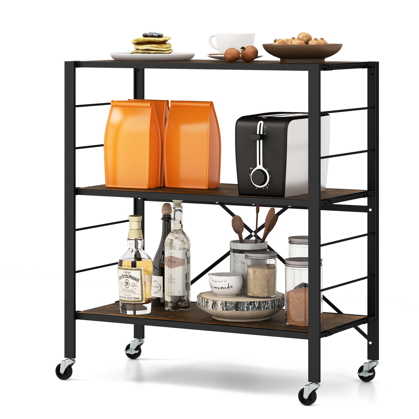 3-Tier Foldable Shelving Unit with Detachable Wheels Height-Adjustable Shelves-Black