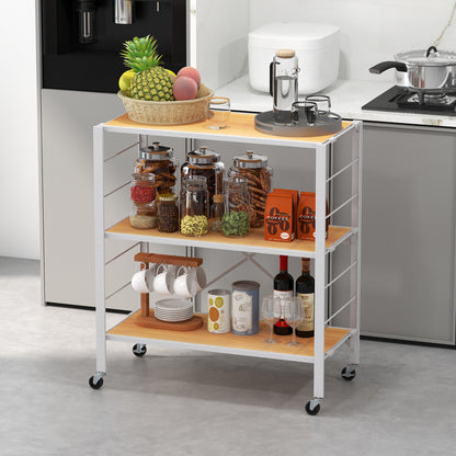3-Tier Foldable Shelving Unit with Detachable Wheels Height-Adjustable Shelves-Natural