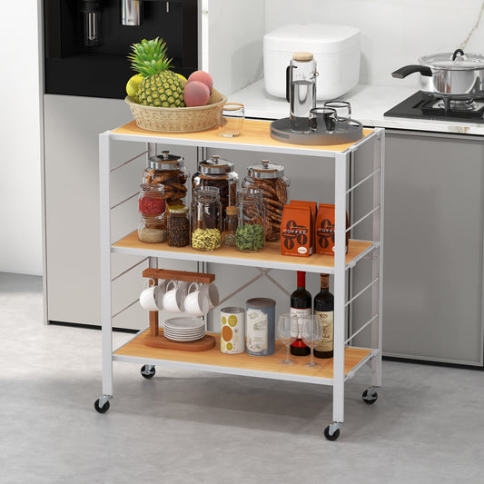 3-Tier Foldable Shelving Unit with Detachable Wheels Height-Adjustable Shelves-Natural