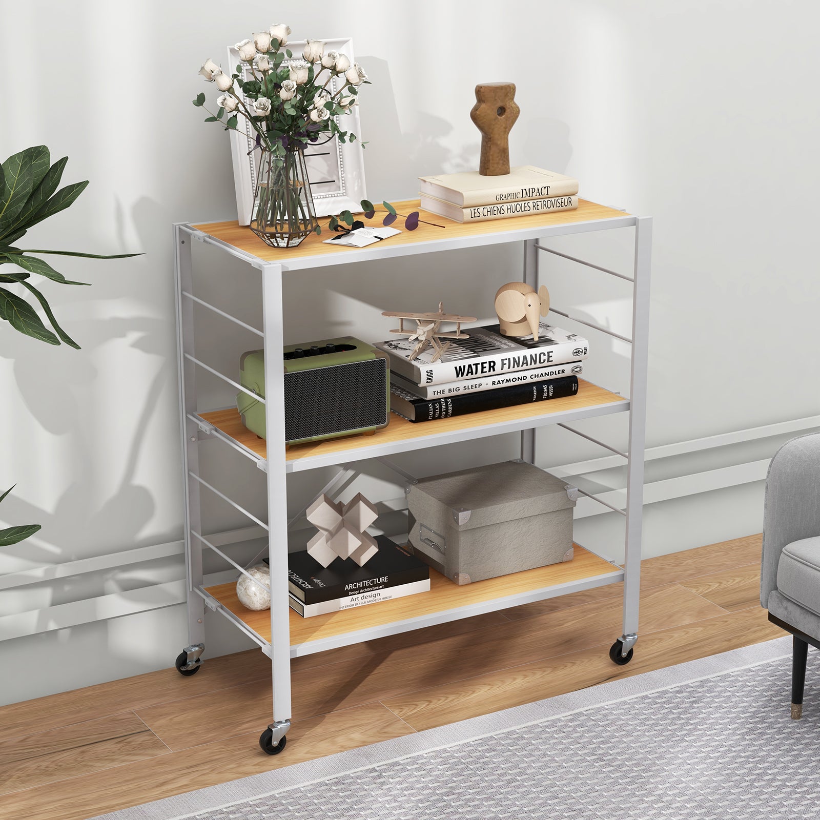 3-Tier Foldable Shelving Unit with Detachable Wheels Height-Adjustable Shelves-Natural