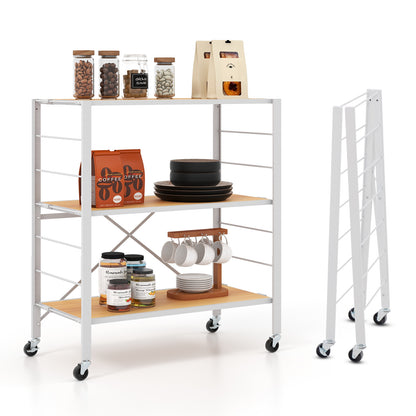 3-Tier Foldable Shelving Unit with Detachable Wheels Height-Adjustable Shelves-Natural