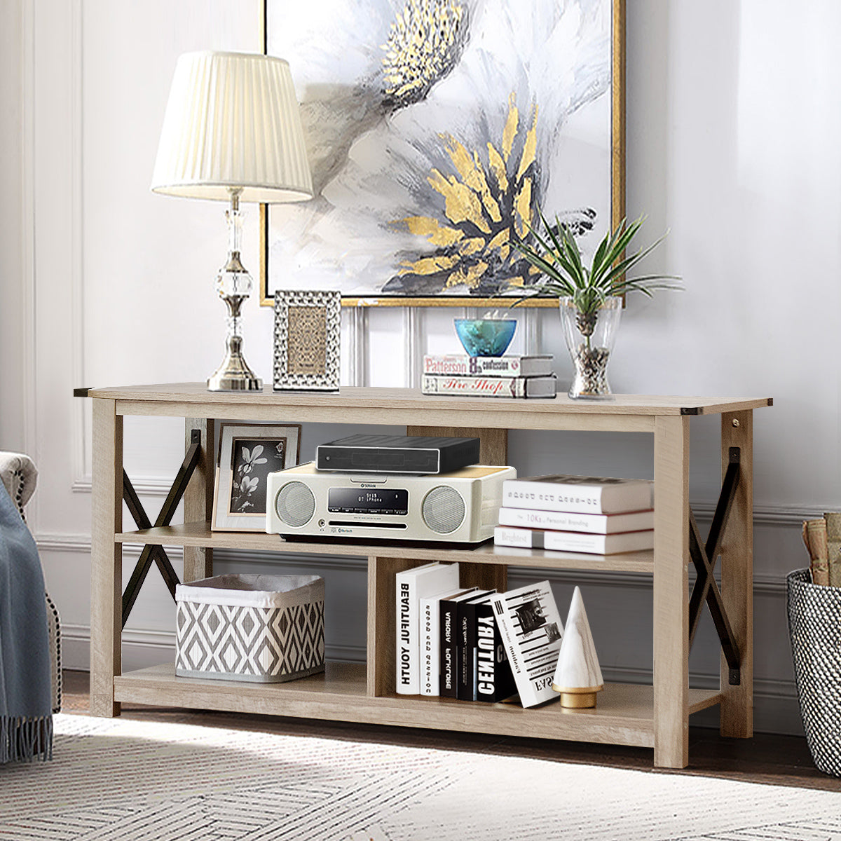Rustic Cable Management 3-Tier Rustic TV Stand with Open Shelves and Cable Management-Grey ...