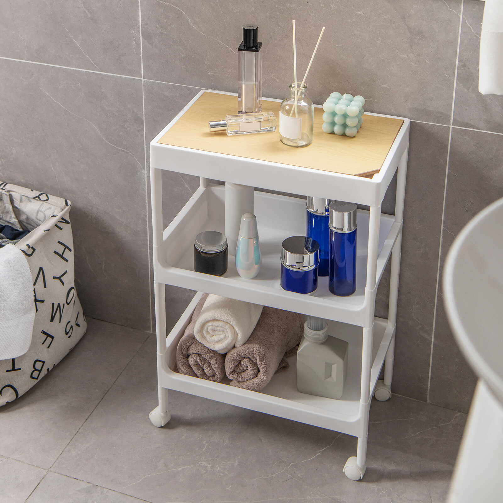 3/4 Tiers Utility Rolling Cart with Detachable Tray Top and Locking Wheels-3-Tier