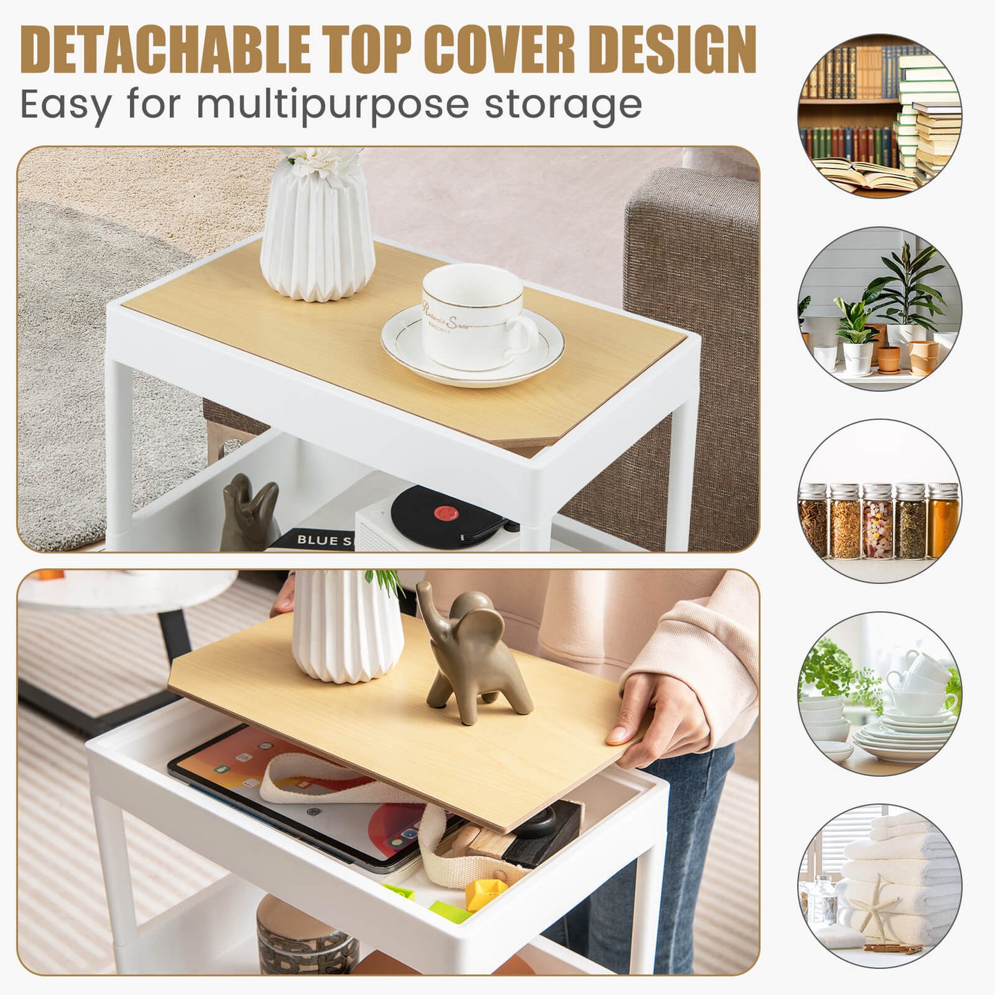 3/4 Tiers Utility Rolling Cart with Detachable Tray Top and Locking Wheels-3-Tier