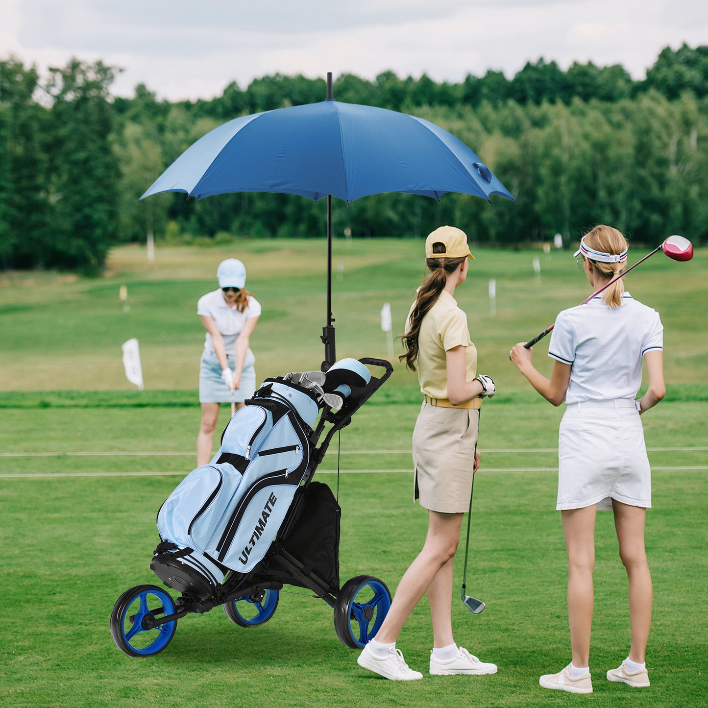 3 Wheel Golf Push Pull Cart with Adjustable Height Handle-Blue