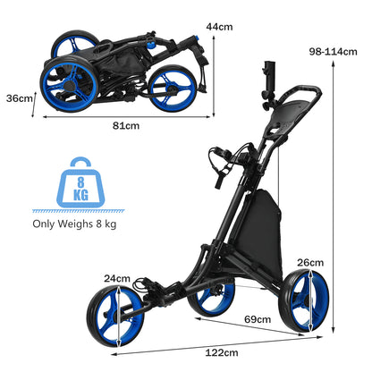3 Wheel Golf Push Pull Cart with Adjustable Height Handle-Blue