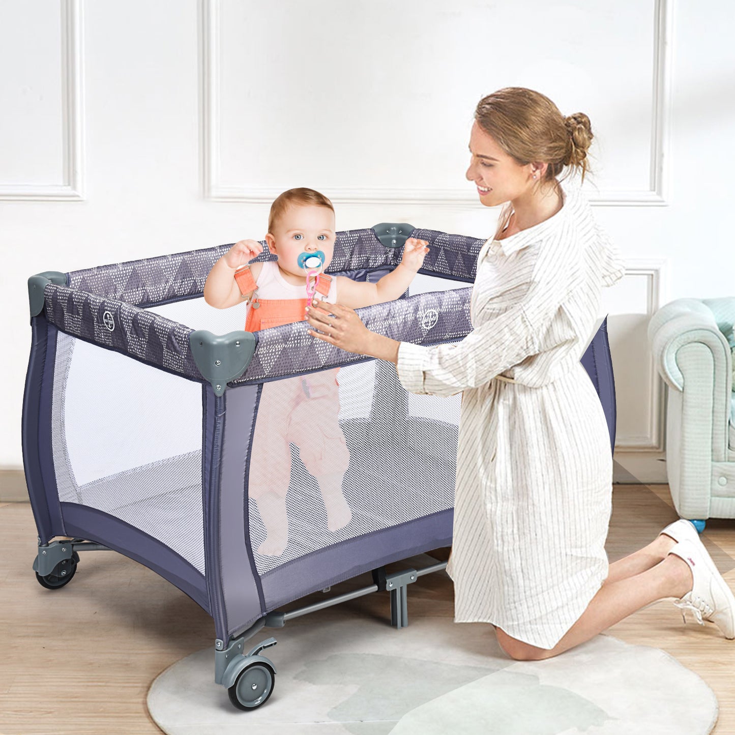 3 in 1 Convertible Bassinet Cot with Changing Table and Toy Bar-Grey