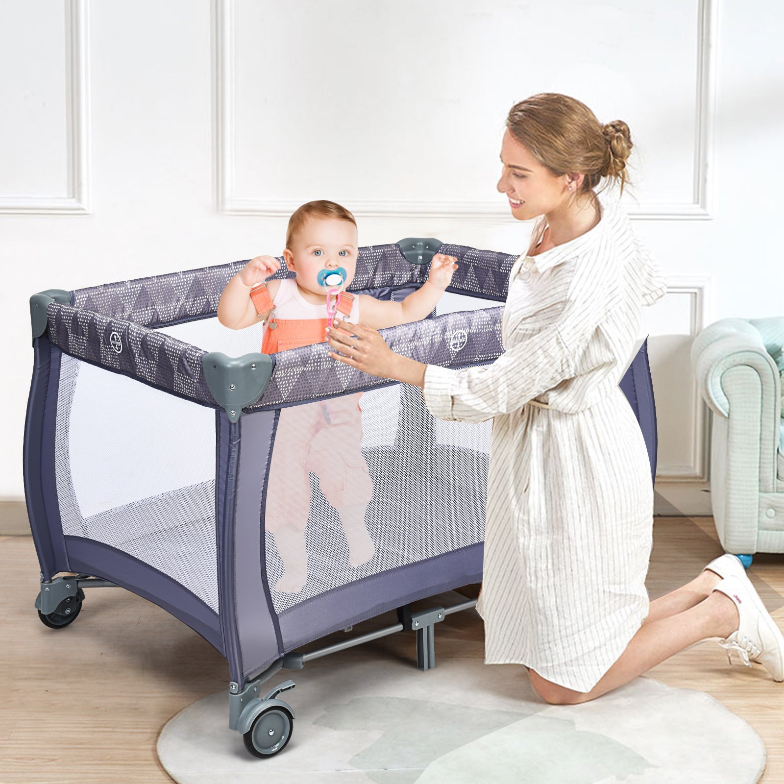 3 in 1 Convertible Bassinet Cot with Changing Table and Toy Bar-Grey