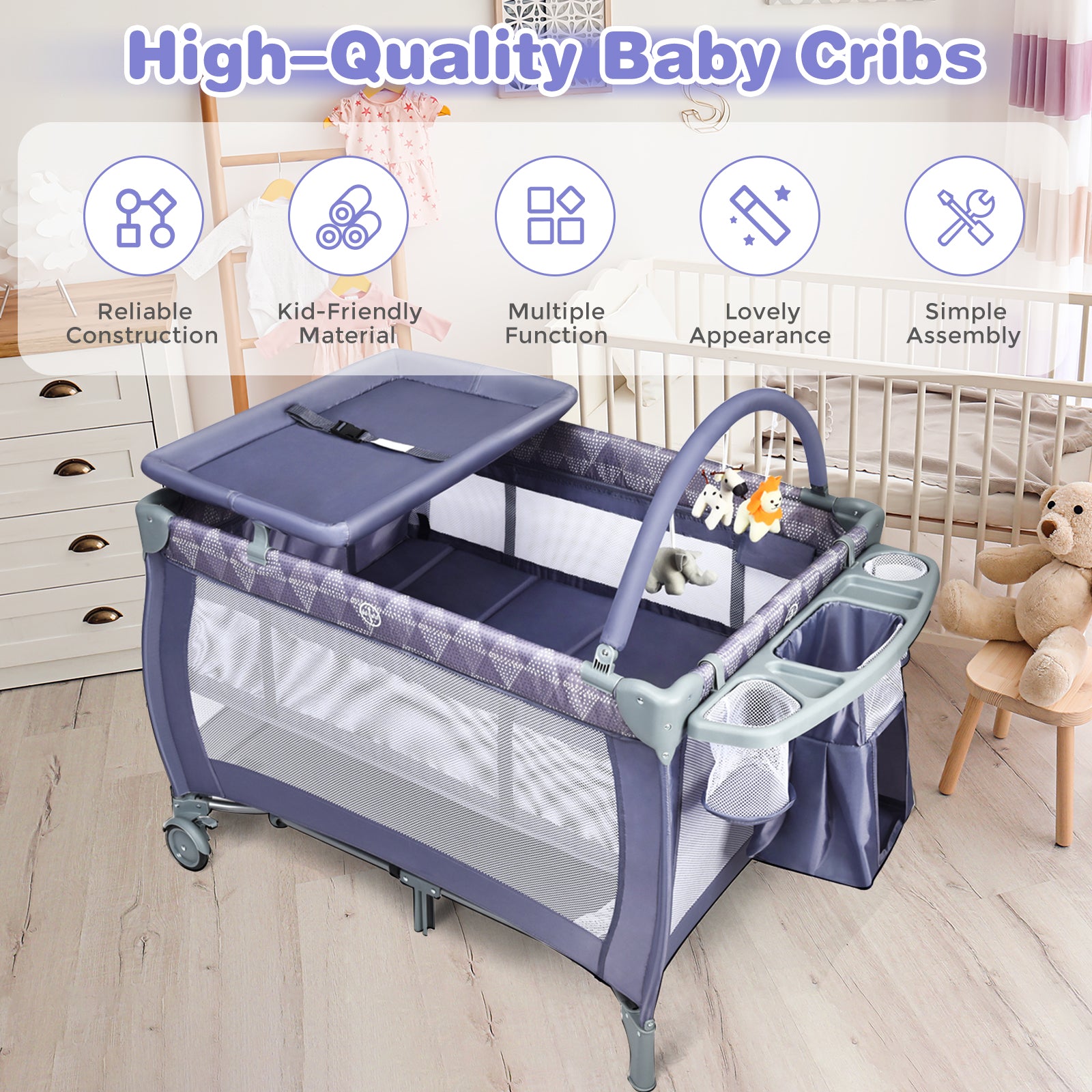 3 in 1 Convertible Bassinet Cot with Changing Table and Toy Bar-Grey