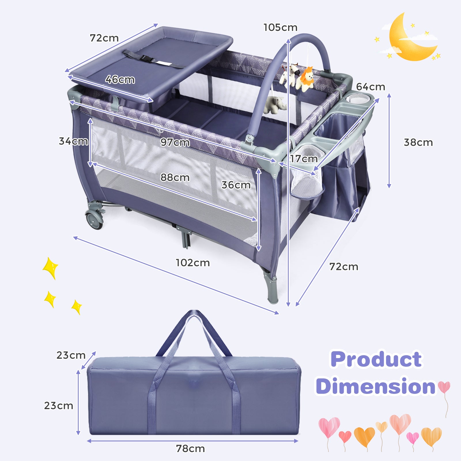 3 in 1 Convertible Bassinet Cot with Changing Table and Toy Bar-Grey