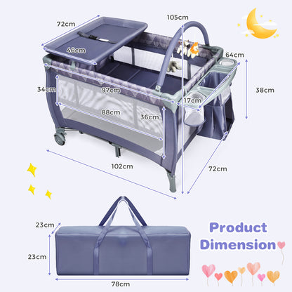 3 in 1 Convertible Bassinet Cot with Changing Table and Toy Bar-Grey