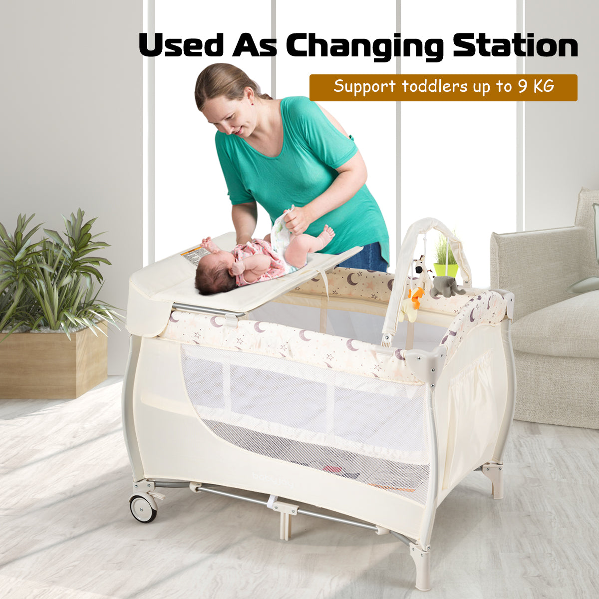 3 in 1 Portable Baby Playards Convertible Playpen with Bassinet-Beige
