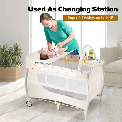 3 in 1 Portable Baby Playards Convertible Playpen with Bassinet-Beige