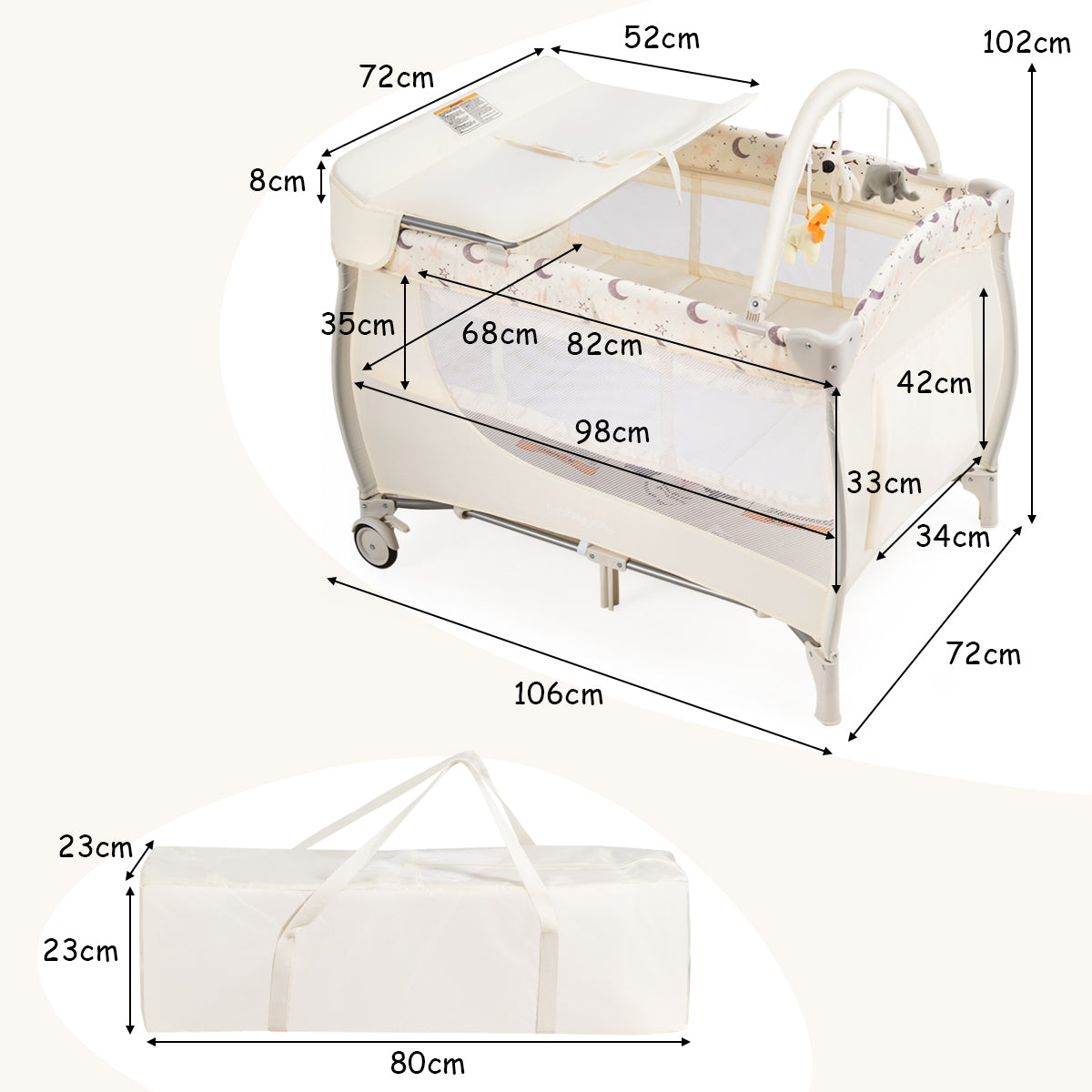 3 in 1 Portable Baby Playards Convertible Playpen with Bassinet-Beige