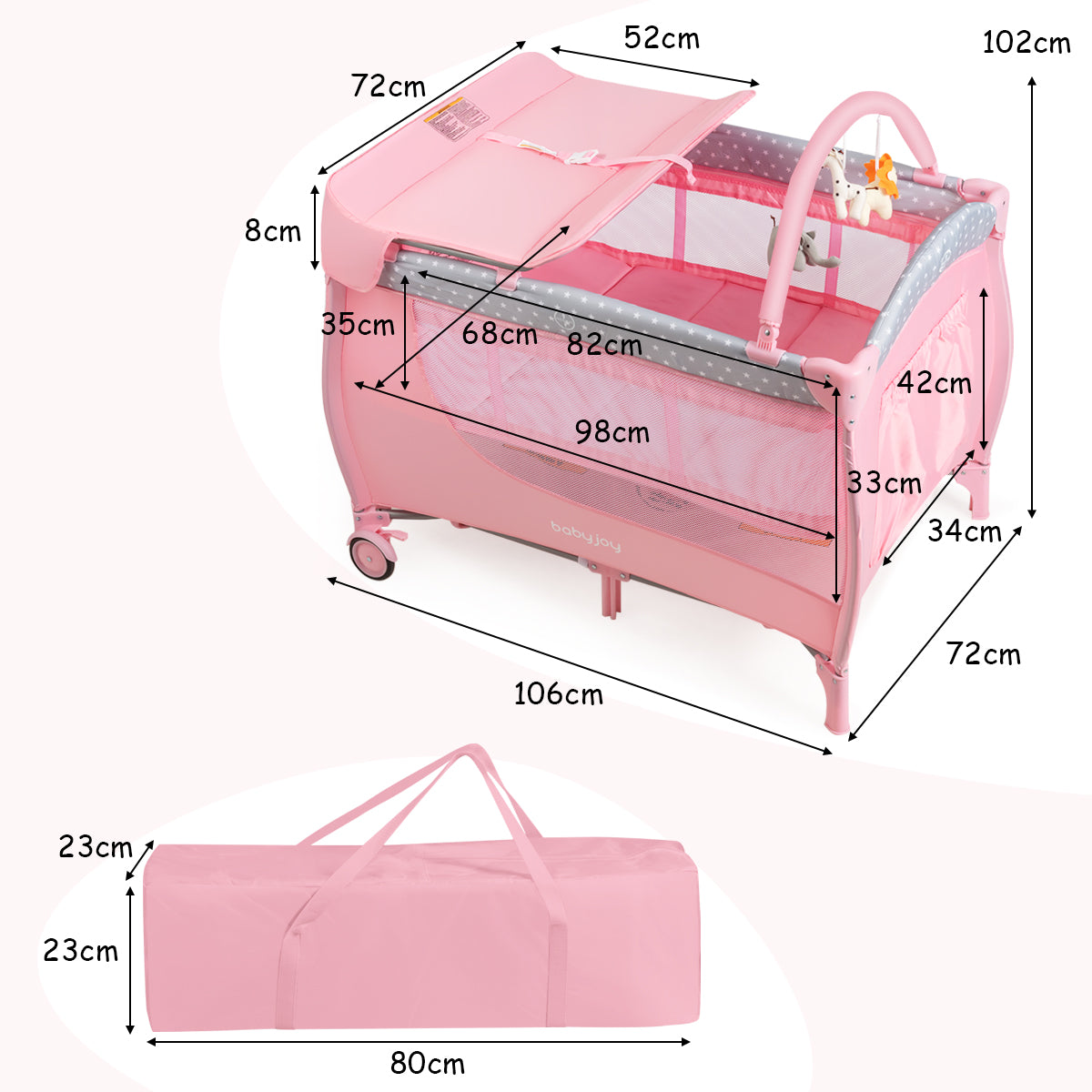 3 in 1 Portable Baby Playards Convertible Playpen with Bassinet-Pink