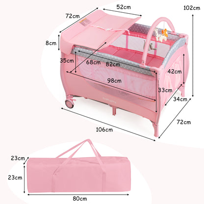 3 in 1 Portable Baby Playards Convertible Playpen with Bassinet-Pink
