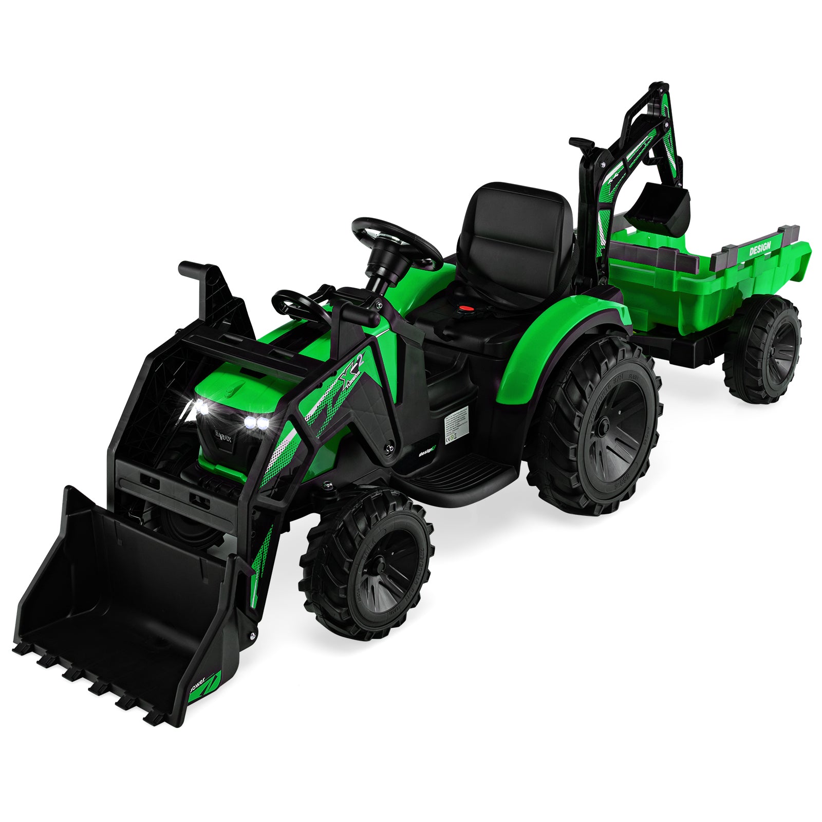 3 in 1 Ride on Tractor and Trailer with Shovel Bucket-Green