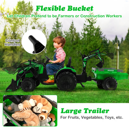 3 in 1 Ride on Tractor and Trailer with Shovel Bucket-Green