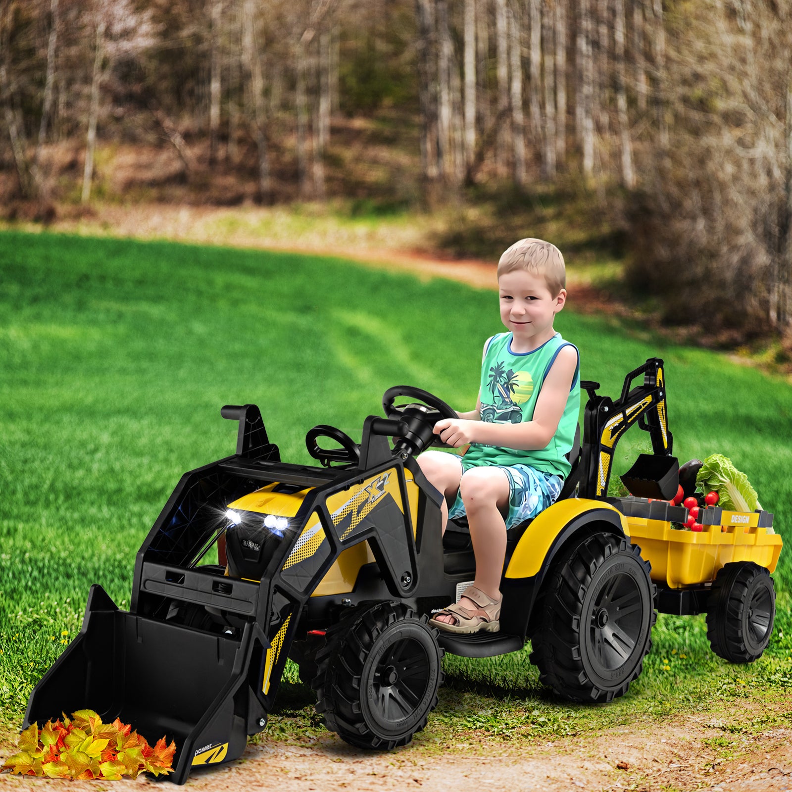 3 in 1 Ride on Tractor and Trailer with Shovel Bucket-Yellow