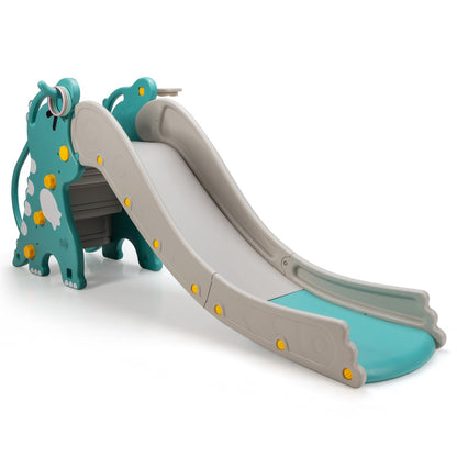 3 in 1 Dinosaur Slide with Basketball Hoop Ring Toss Game-Green