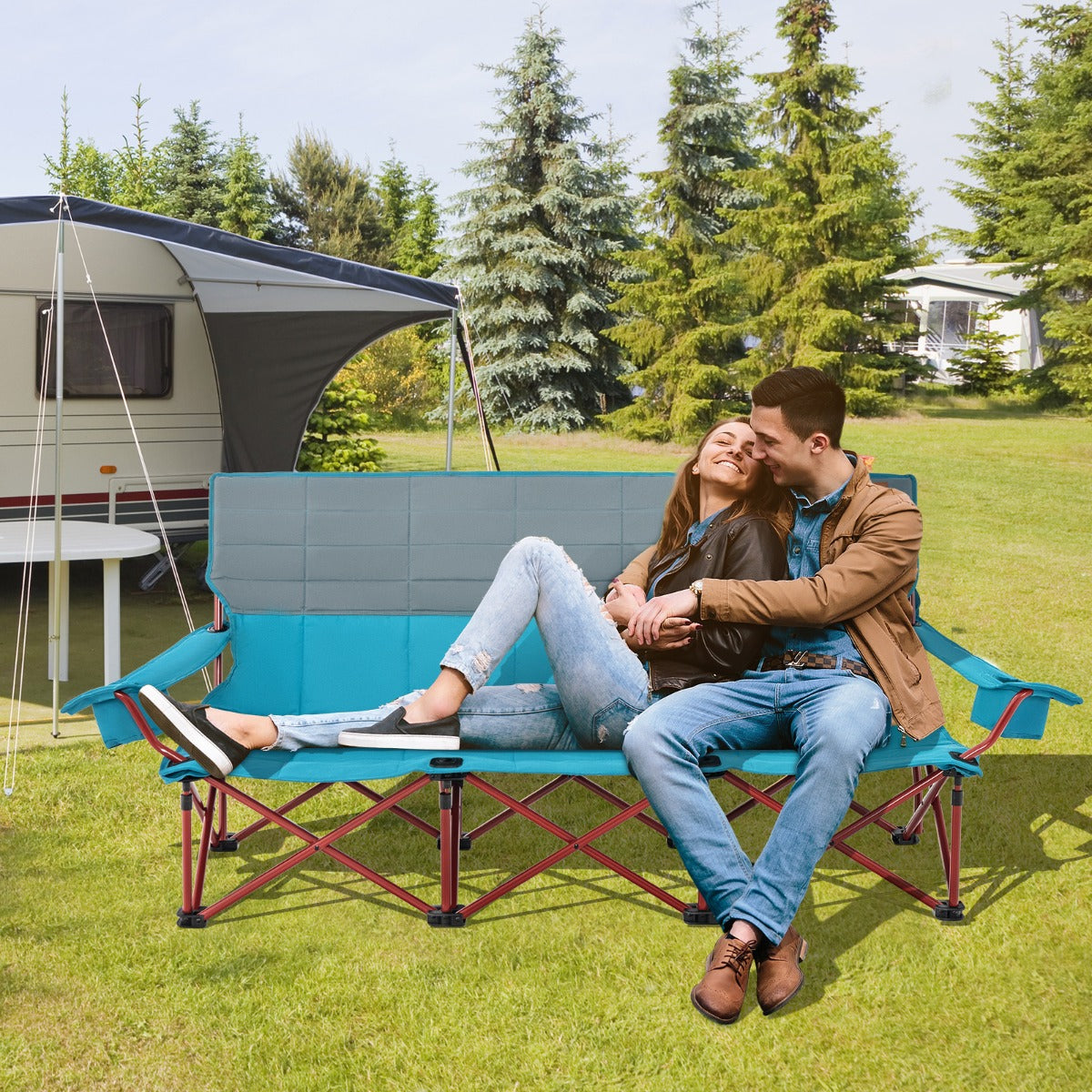 3 Person Folding Camping Chair with 2 Cup Holders &amp; Storage Bag-Navy