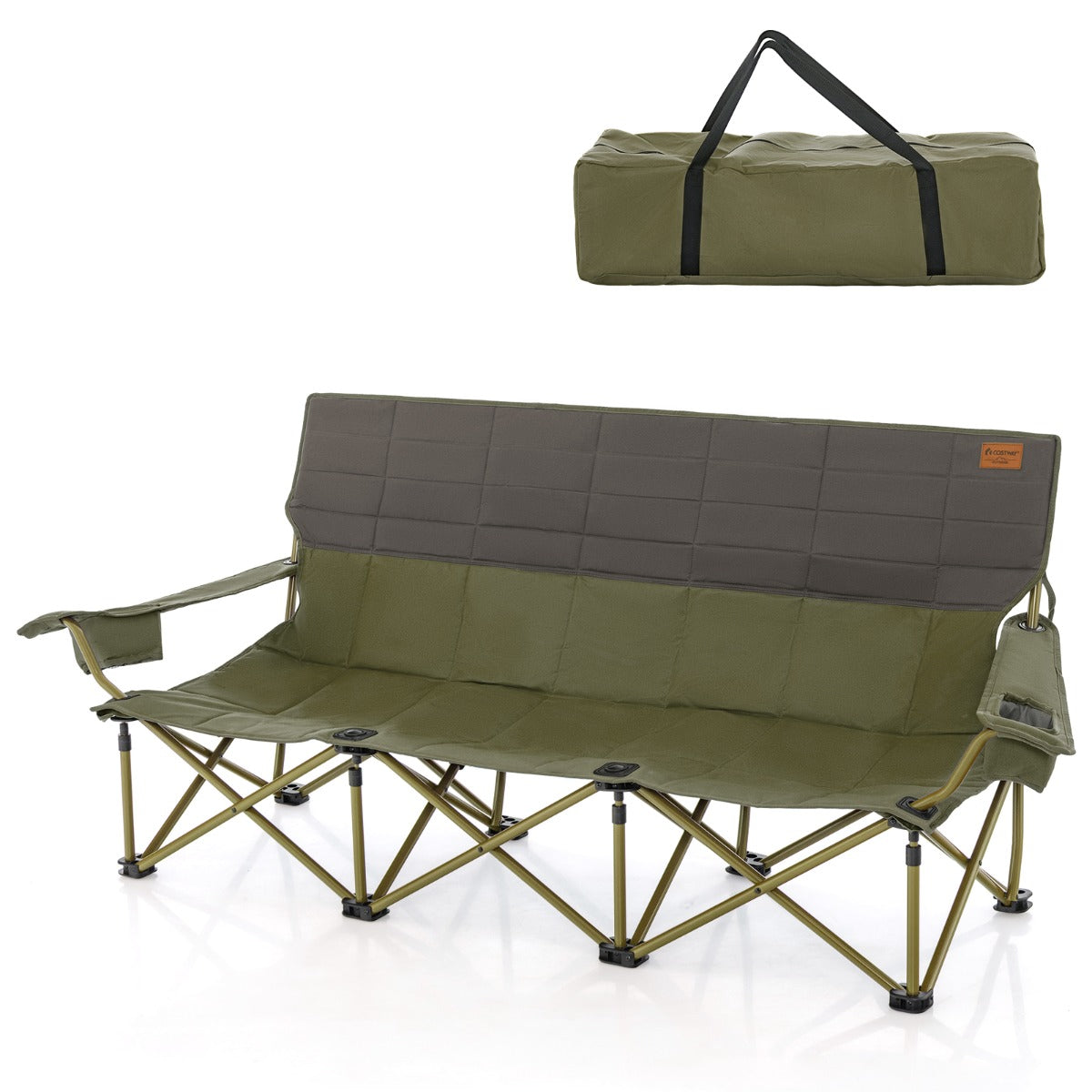 3 Person Folding Camping Chair with 2 Cup Holders &amp; Storage Bag-Green