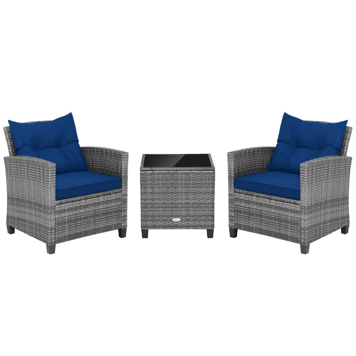 3 Piece Patio Rattan Sofa Set with Solid Tempered Glass Tabletop and Heavy-Duty Steel Frame-Navy