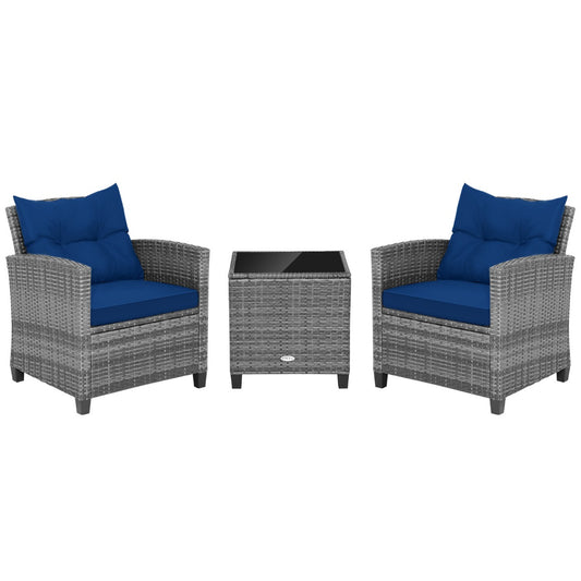 3 Piece Patio Rattan Sofa Set with Solid Tempered Glass Tabletop and Heavy-Duty Steel Frame-Navy