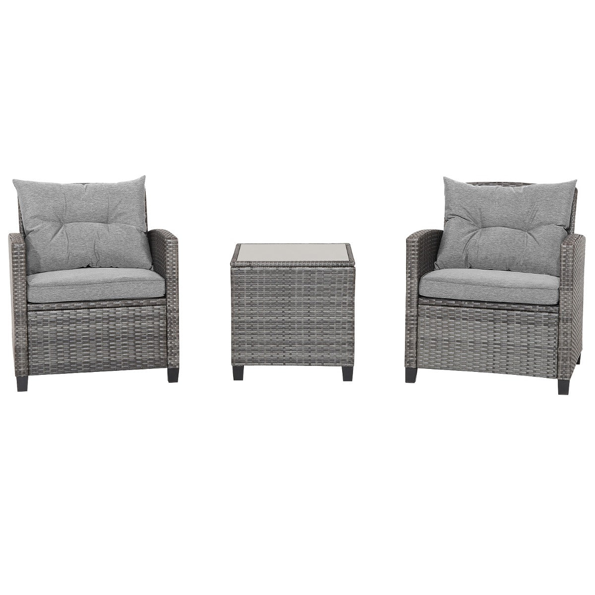 3 Piece Patio Rattan Sofa Set with Solid Tempered Glass Tabletop and Heavy-Duty Steel Frame-Grey