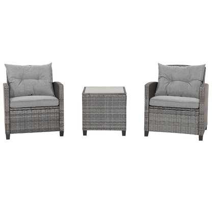 3 Piece Patio Rattan Sofa Set with Solid Tempered Glass Tabletop and Heavy-Duty Steel Frame-Grey