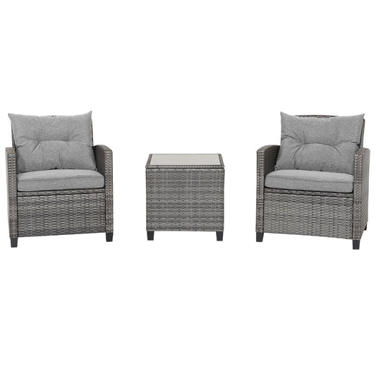 3 Piece Patio Rattan Sofa Set with Solid Tempered Glass Tabletop and Heavy-Duty Steel Frame-Grey