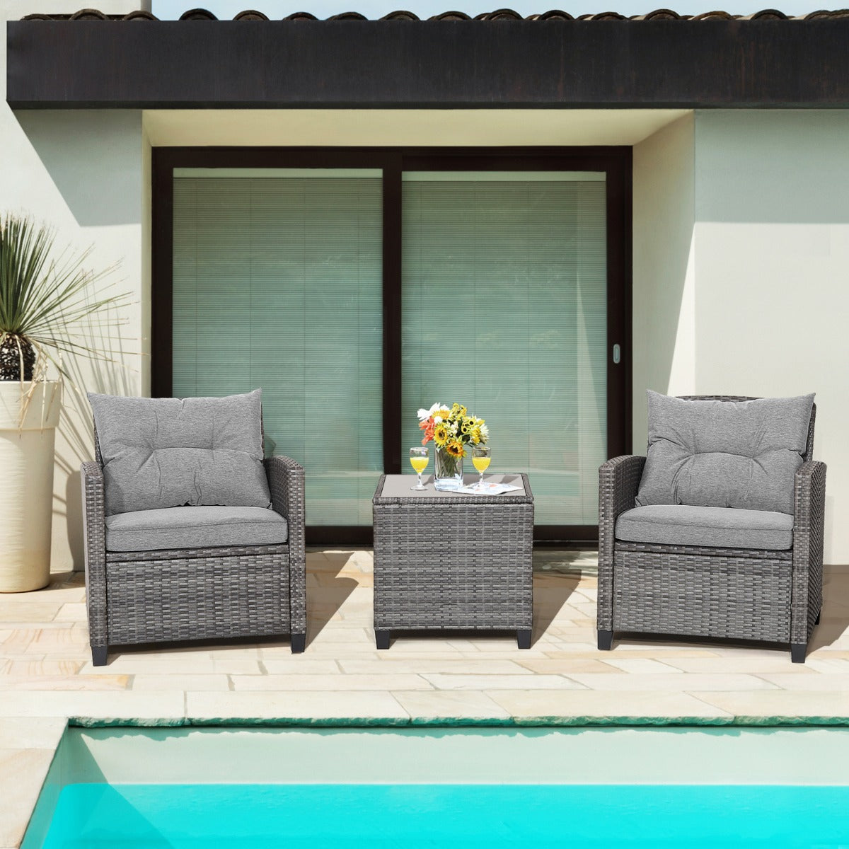 3 Piece Patio Rattan Sofa Set with Solid Tempered Glass Tabletop and Heavy-Duty Steel Frame-Grey