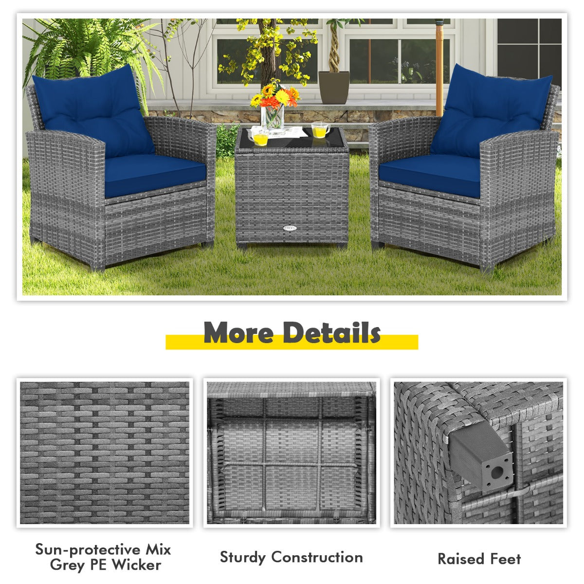 3 Piece Patio Rattan Sofa Set with Solid Tempered Glass Tabletop and Heavy-Duty Steel Frame-Navy
