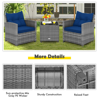 3 Piece Patio Rattan Sofa Set with Solid Tempered Glass Tabletop and Heavy-Duty Steel Frame-Navy