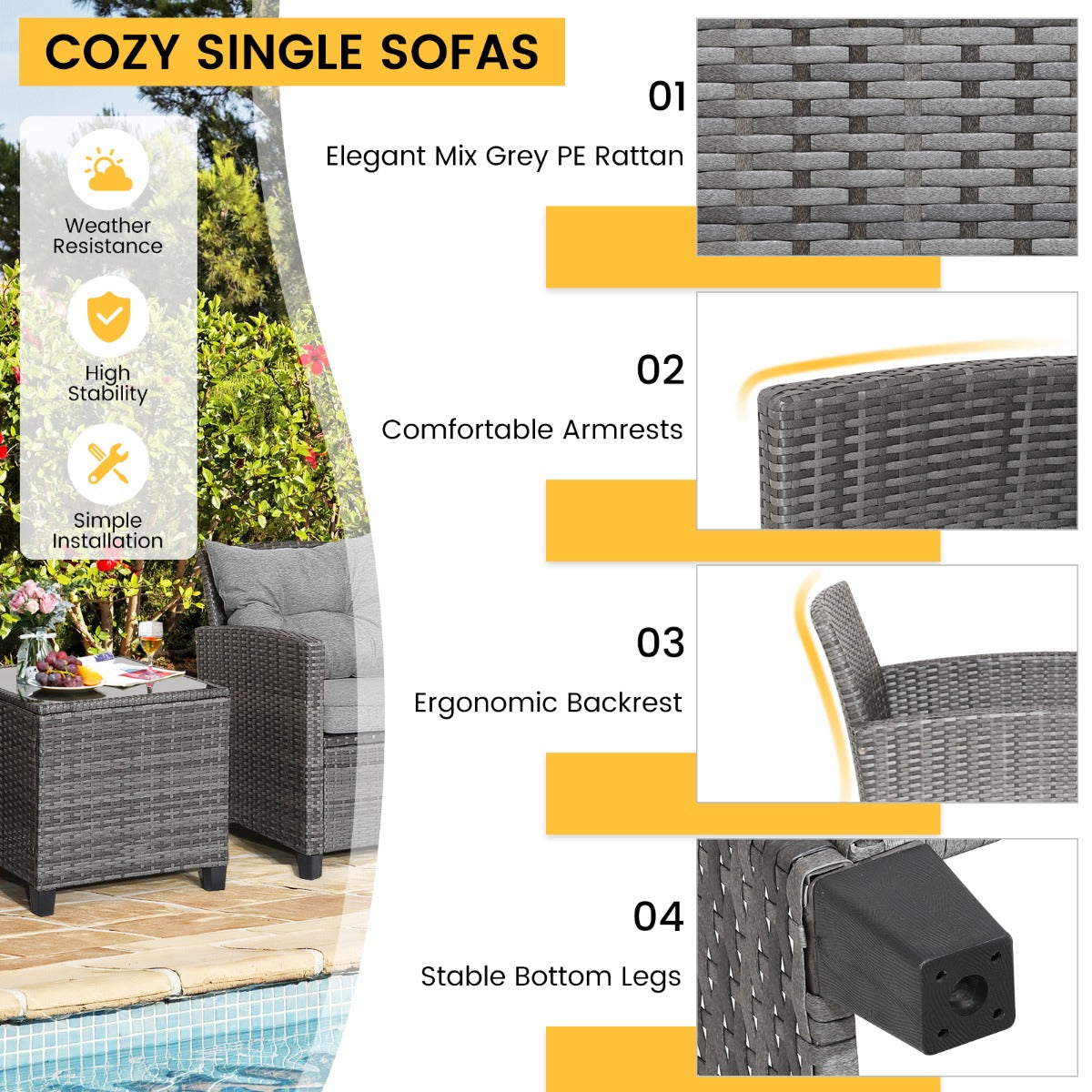 3 Piece Patio Rattan Sofa Set with Solid Tempered Glass Tabletop and Heavy-Duty Steel Frame-Grey