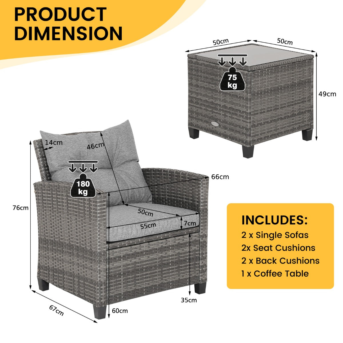 3 Piece Patio Rattan Sofa Set with Solid Tempered Glass Tabletop and Heavy-Duty Steel Frame-Grey