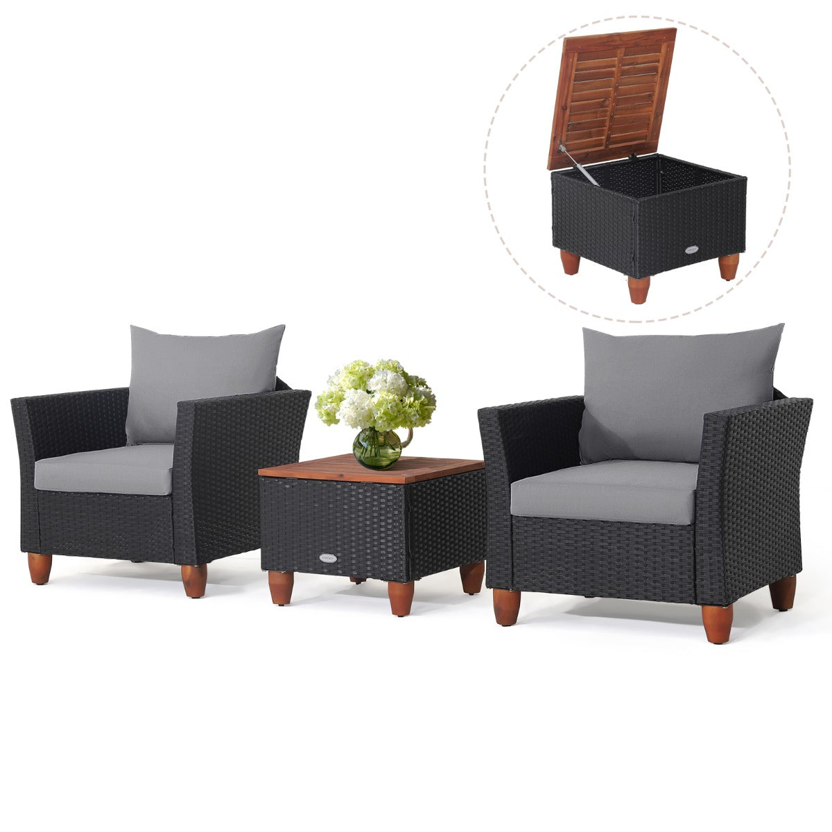 3 Pieces Patio Porch Furniture Set with Cushions and Storage Table-Grey