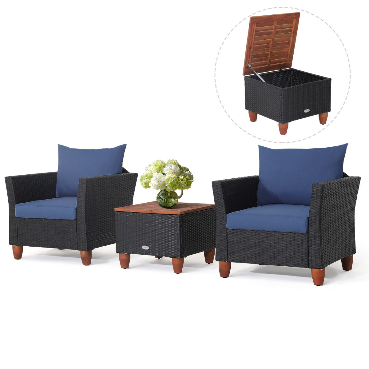 3 Pieces Patio Porch Furniture Set with Cushions and Storage Table-Navy