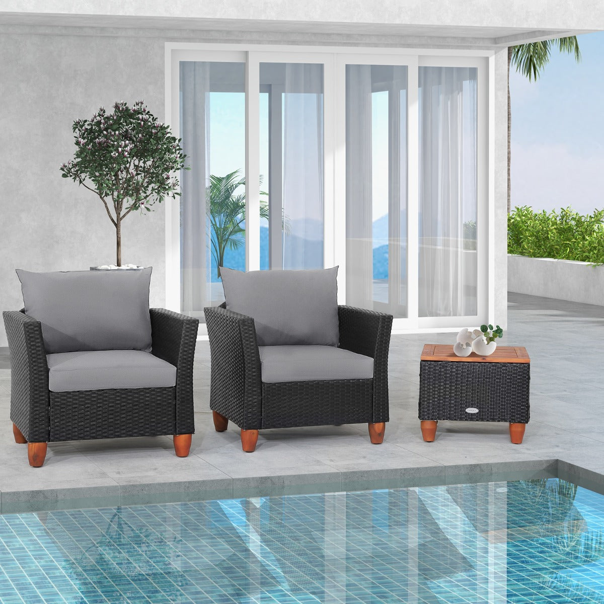 3 Pieces Patio Porch Furniture Set with Cushions and Storage Table-Grey