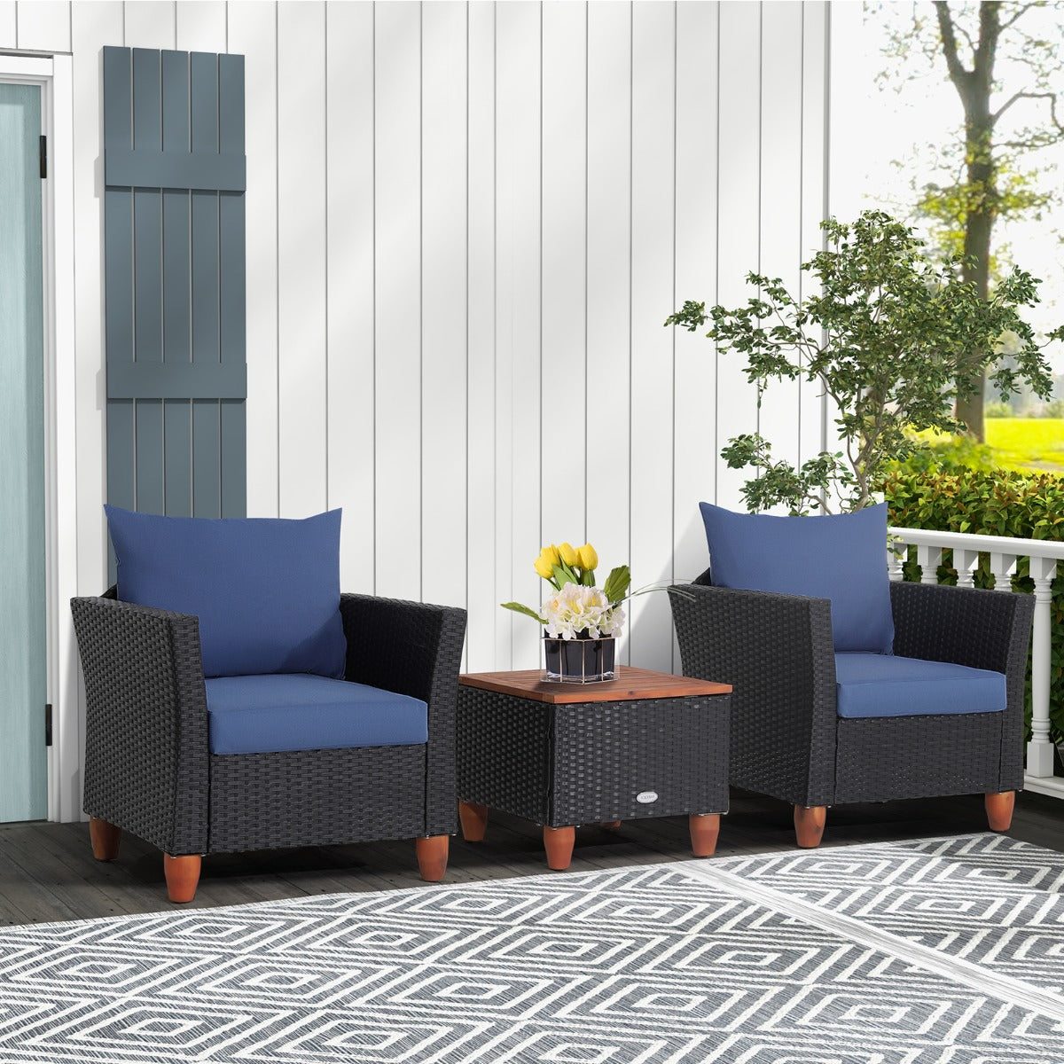 3 Pieces Patio Porch Furniture Set with Cushions and Storage Table-Navy