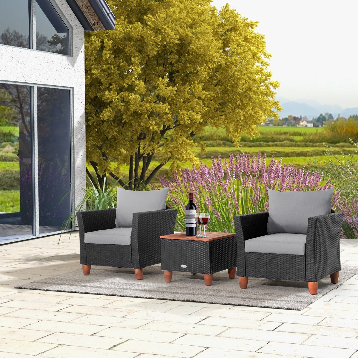 3 Pieces Patio Porch Furniture Set with Cushions and Storage Table-Grey