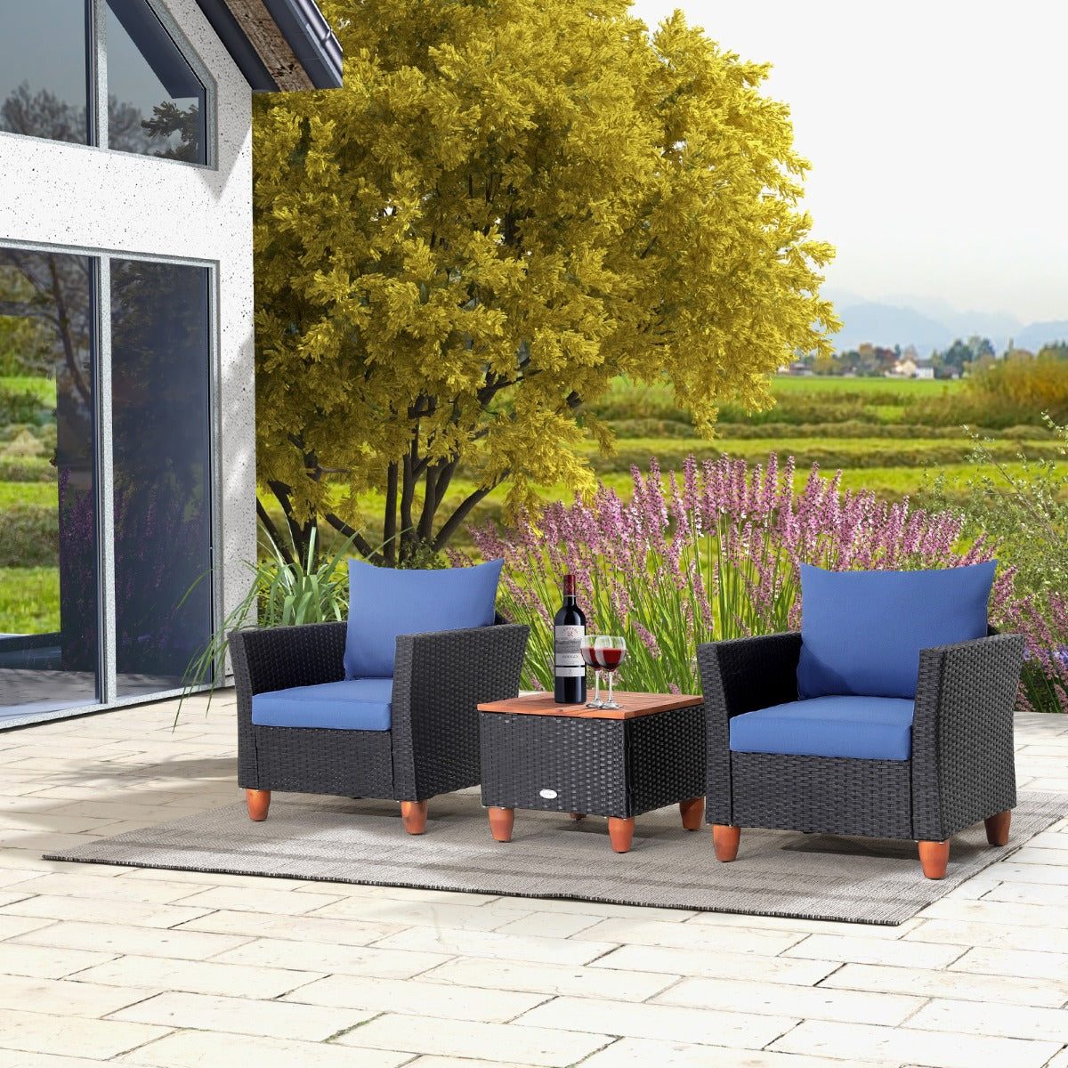 3 Pieces Patio Porch Furniture Set with Cushions and Storage Table-Navy