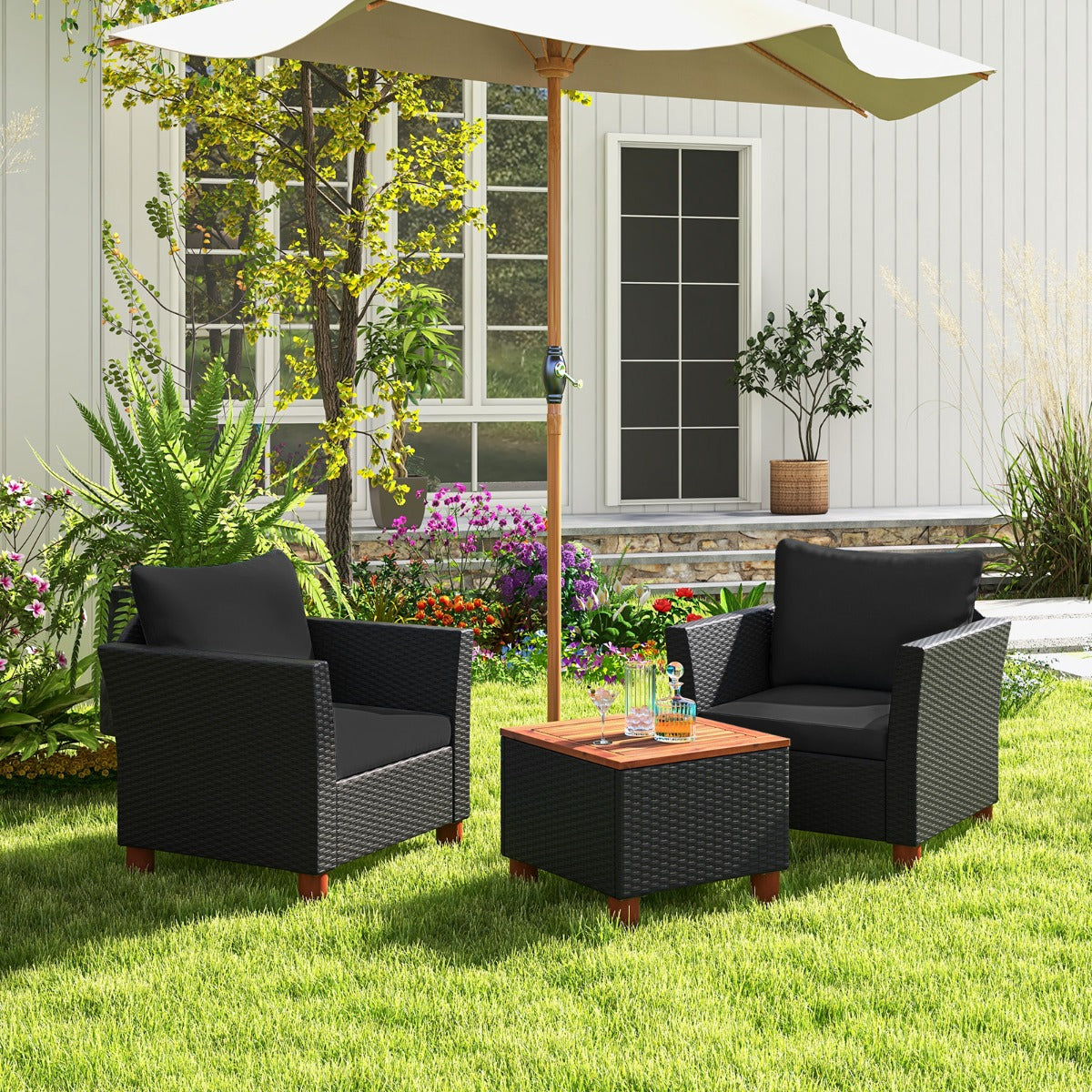 3 Pieces Patio Porch Furniture Set with Cushions and Storage Table-Black